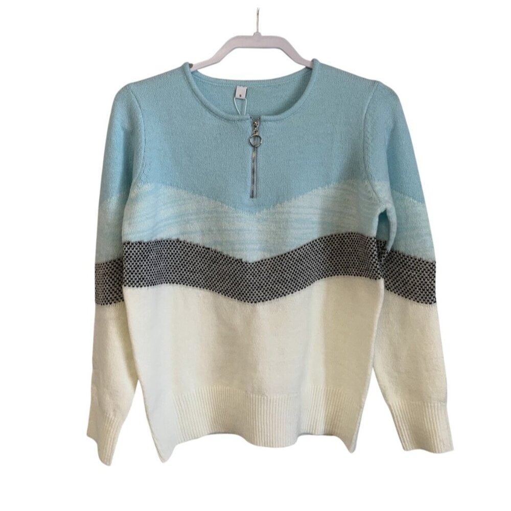 NWT Colorblock Knit Sweater Quarter Zip Blue/White/Grey Small